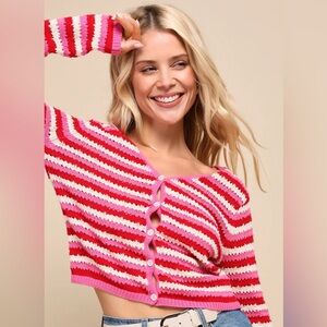 Lulus Adoring Darling Red And Pink Striped Cardigan Sweater - Size XL